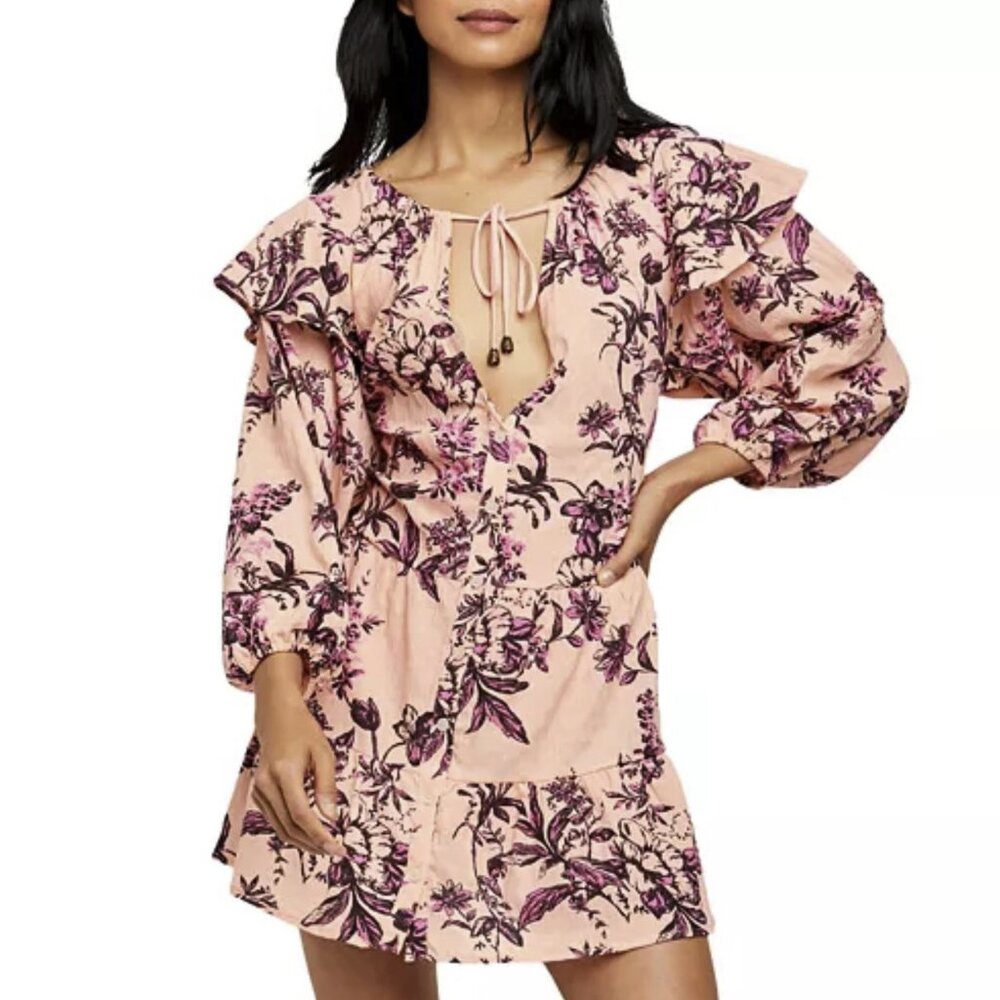 Free People Sunbaked Swing Dress in Petal Pink Floral Crepe Ruffled Sz L - NWOT